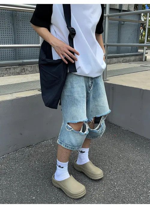 Jean Men's Distressed Denim Shorts, Ripped Baggy Jean Shorts Size US 30 / EU 46 - 6 Thumbnail