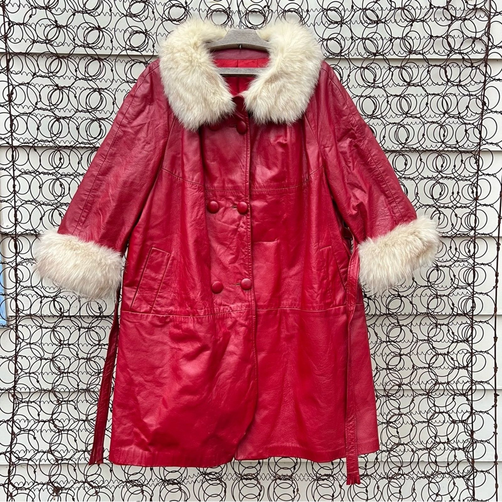 image of Vintage 60S 70's Red Leather Silver Fox Fur Mrs Claus Trench Coat, Women's (Size XL)