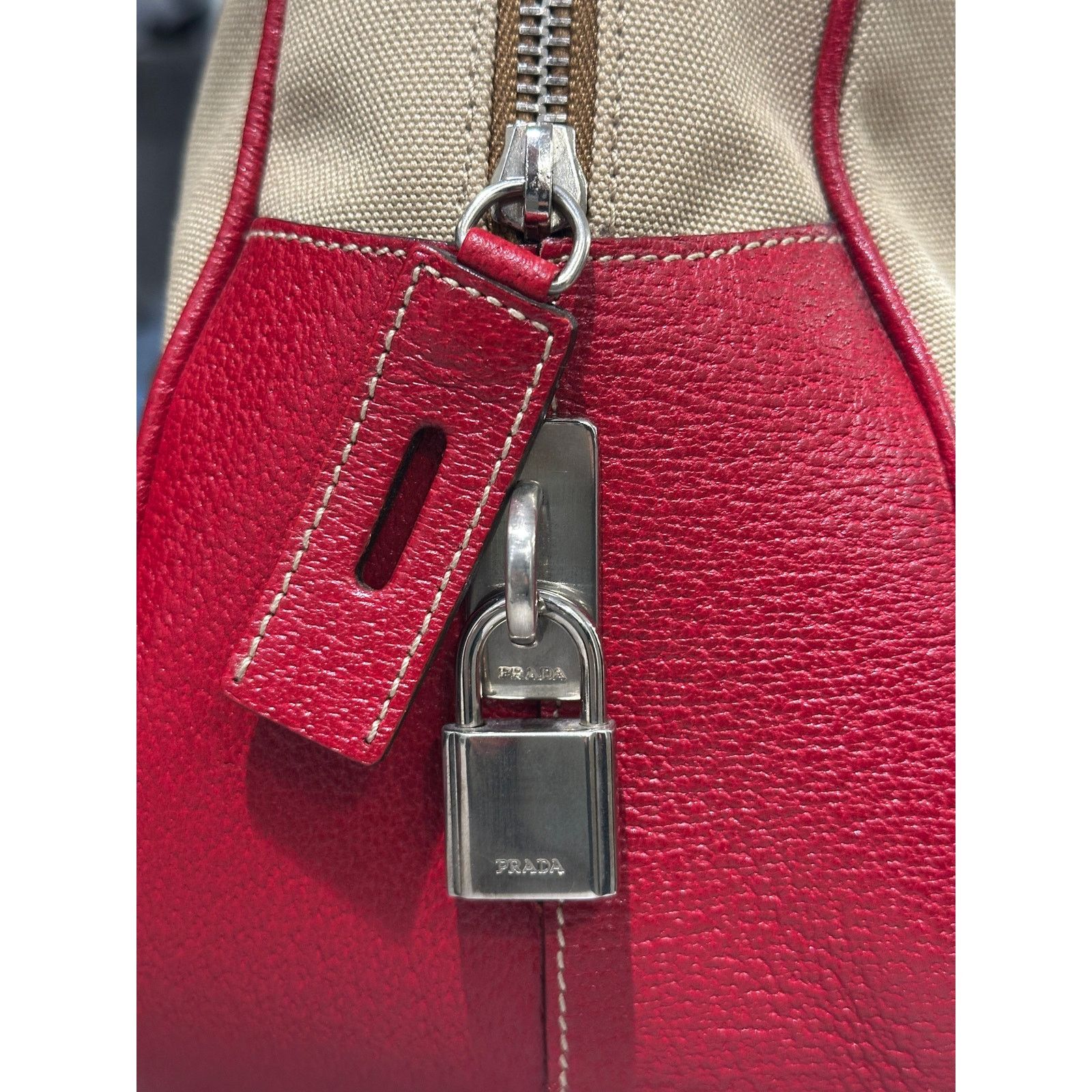 Prada 2000s Prada jacquard bowler bag with red leather trim Size ONE SIZE - 11 Thumbnail