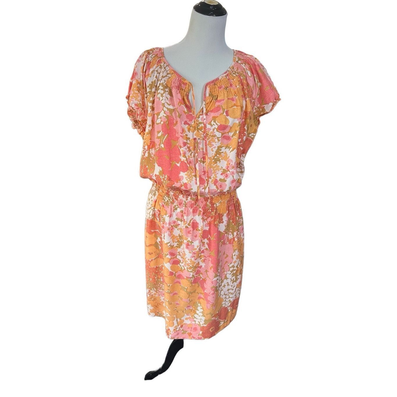 Other Talbots Dress Orange Pink Floral Print Cap Sleeve Cinched Wa Size L / US 10 / IT 46 - 1 Thumbnail