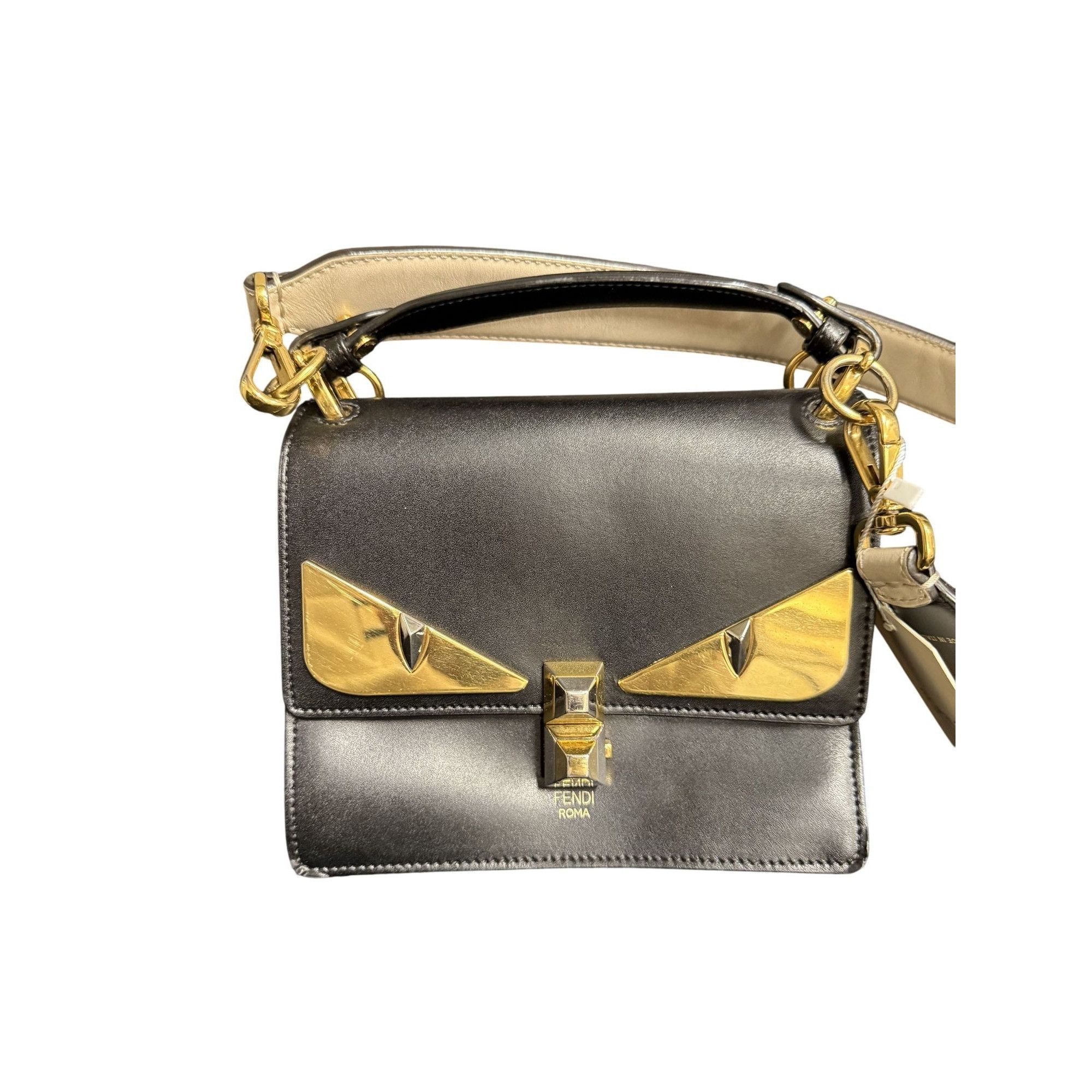 Fendi Fendi Roma Black & Gold Leather Shoulder Bag With Logo Strap Size ONE SIZE - 1 Thumbnail