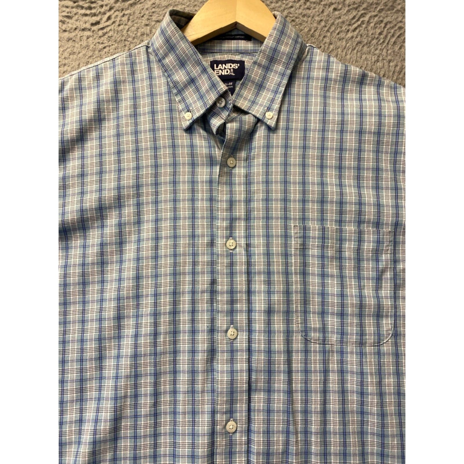 Lands' End Lands' End Shirt Button-Down Mens 16.5 Turquoise Plaid Long Sleeve Classic Trim Fit Size US XL / EU 56 / 4 - 3 Thumbnail