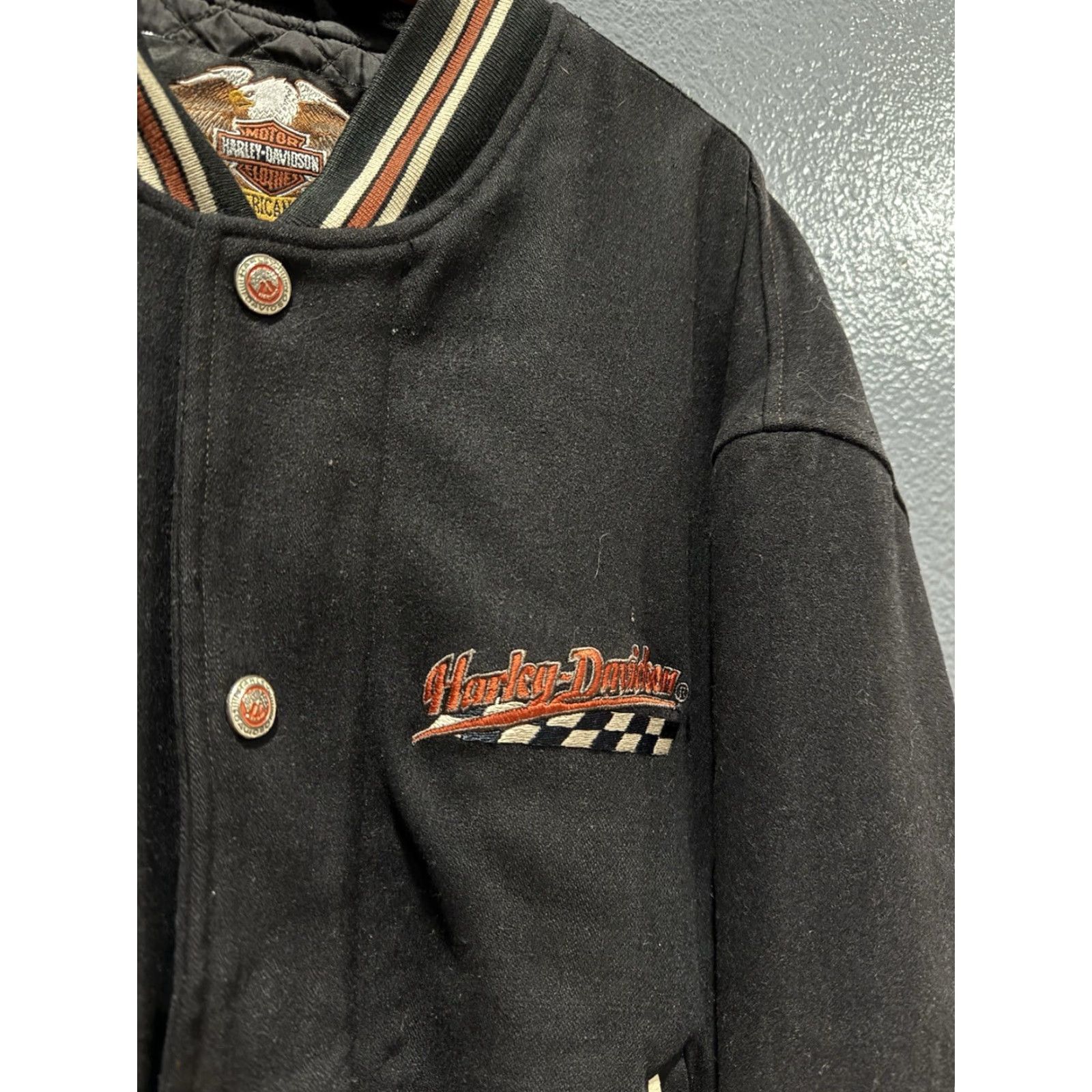 Harley Davidson VINTAGE Harley-Davidson Jacket Wool Snap Varsity XL Black 90s Racing Men Size US XL / EU 56 / 4 - 6 Thumbnail