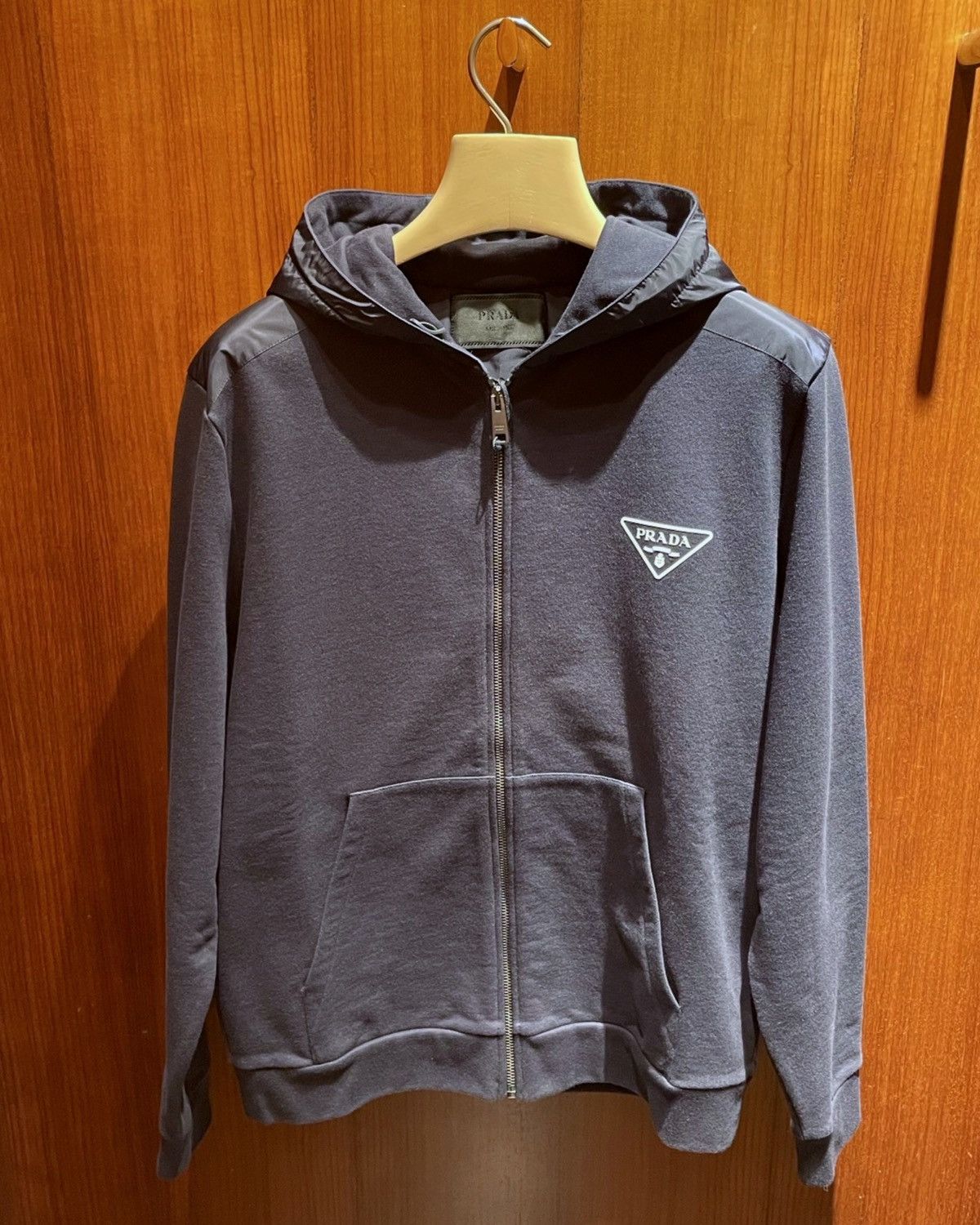 image of Prada Zip Up Chest Logo Hoodie in Navy Blue, Men's (Size 2XL)