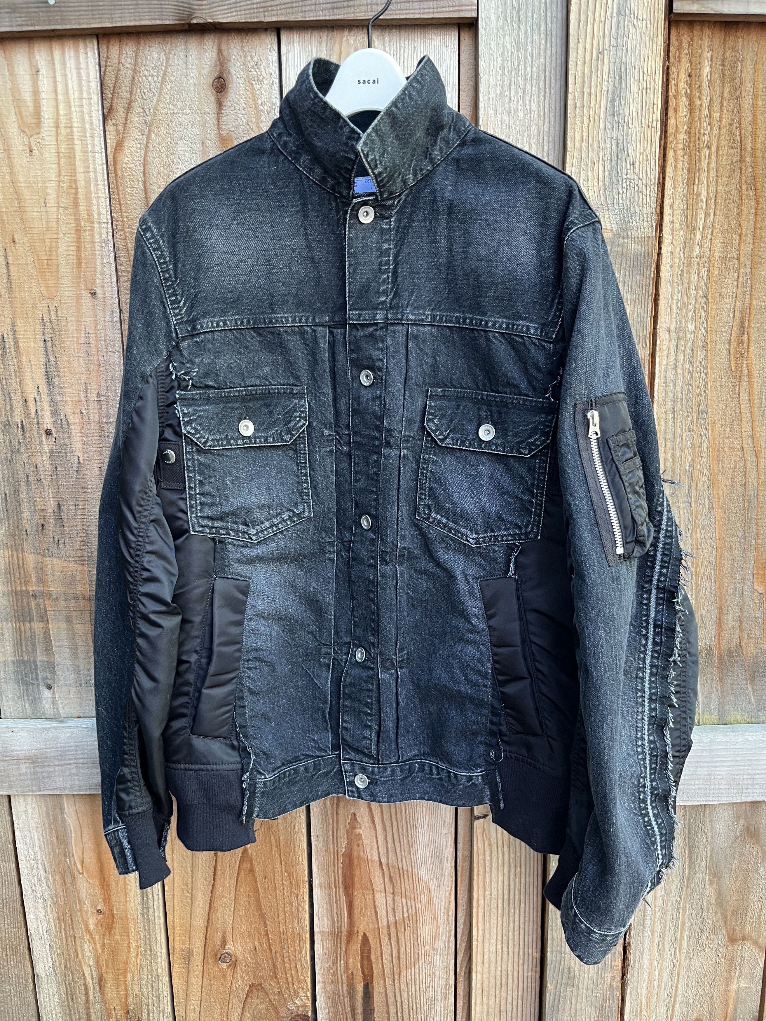 image of Sacai Black Paneled Denim Bomber Jacket, Men's (Size XL)