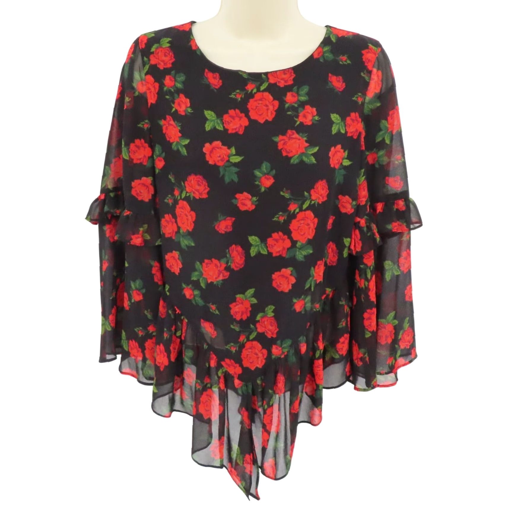 Vintage K/Lab Women Small Red Rose Flower Sheer Ruffle Long Sleeve Shirt Top Blouse Size S / US 4 / IT 40 - 2 Thumbnail