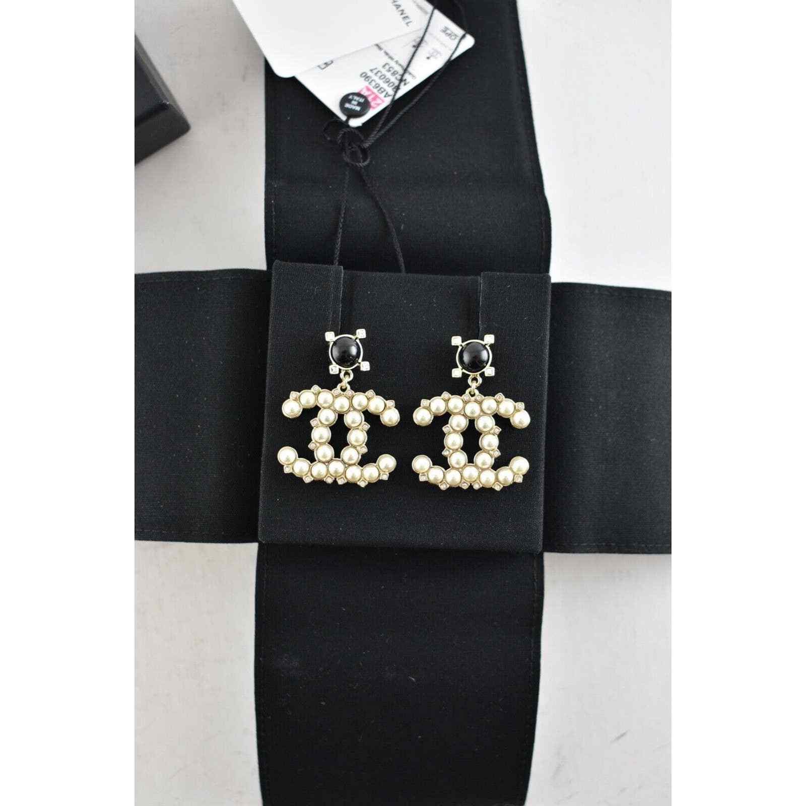 Chanel Chanel Gold Black Crystal Pearl Dangle Statement Earrings Size ONE SIZE - 4 Thumbnail