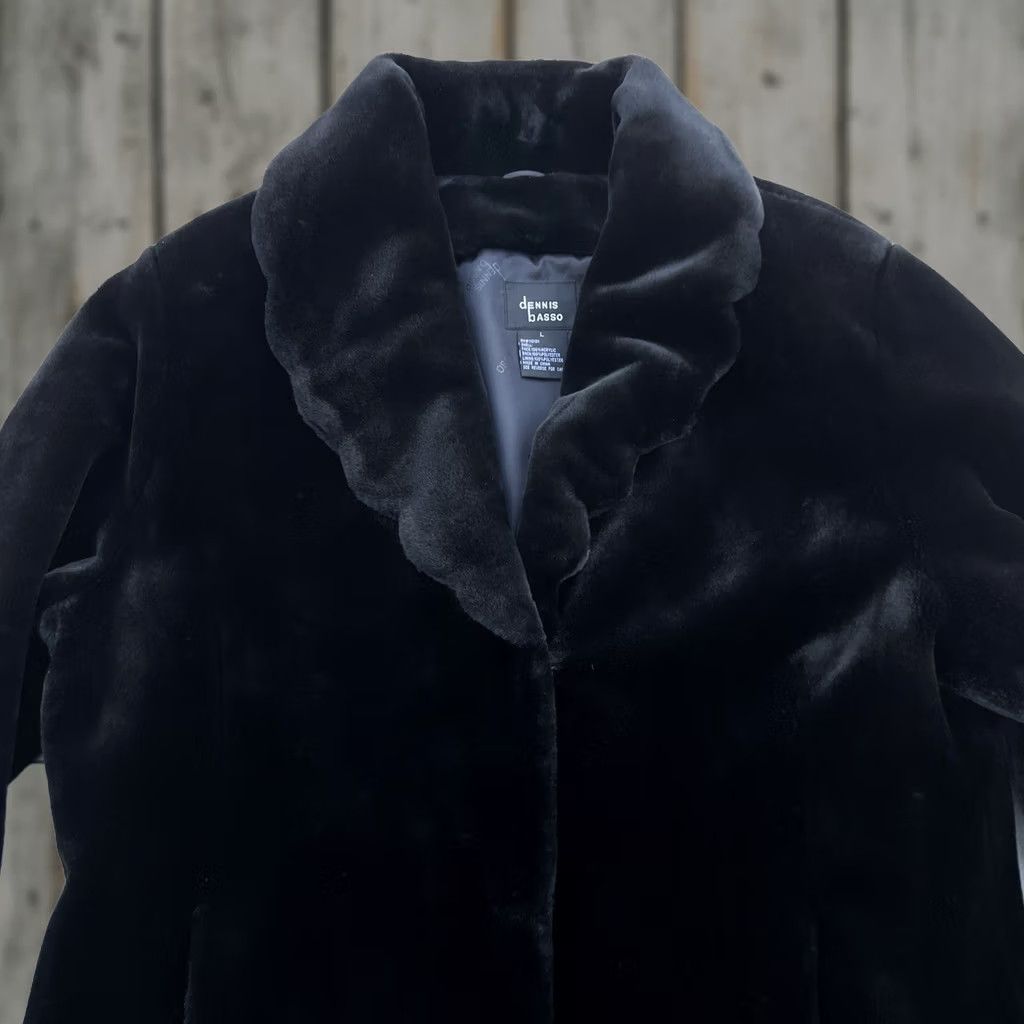 Vintage Dennis Basso Black Faux Fur Overcoat Women’s Large Mid-Length Collared Scalloped Fur Trim Coat Size L / US 10 / IT 46 - 1 Thumbnail