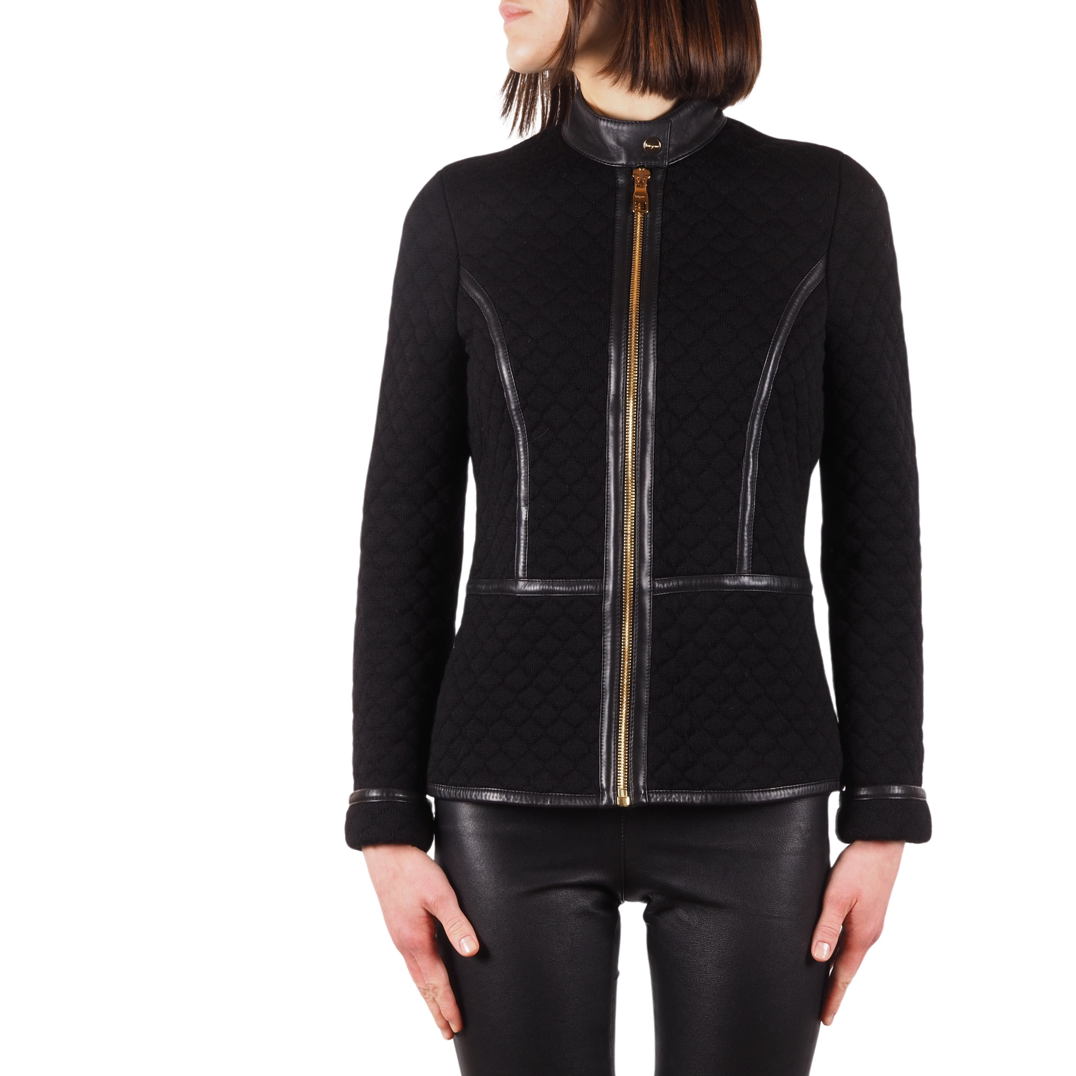 Salvatore Ferragamo Black Wool Leather Trim Zip Jacket