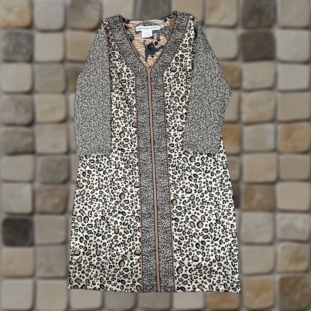 Vintage Gretchen Scott Dress Womens Medium Brown Beige Animal Print 3/4 Sleeve V-Neck A-Line Shift Casual Short Sleeve Shirt Dress Size M / US 6-8 / IT 42-44 - 1 Thumbnail