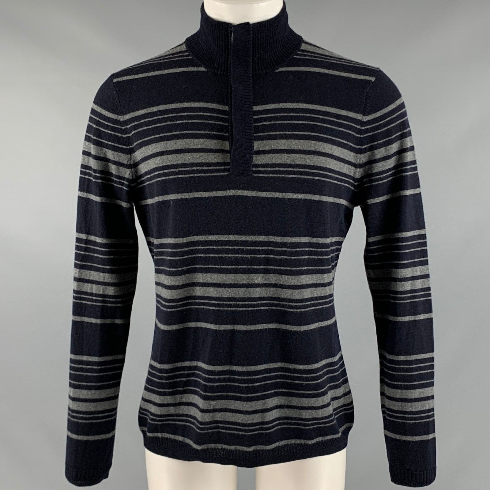Elie Tahari M Navy Grey Stripe Merino Wool Long Sleeve Pullover Size US M / EU 48-50 / 2 - 1 Thumbnail
