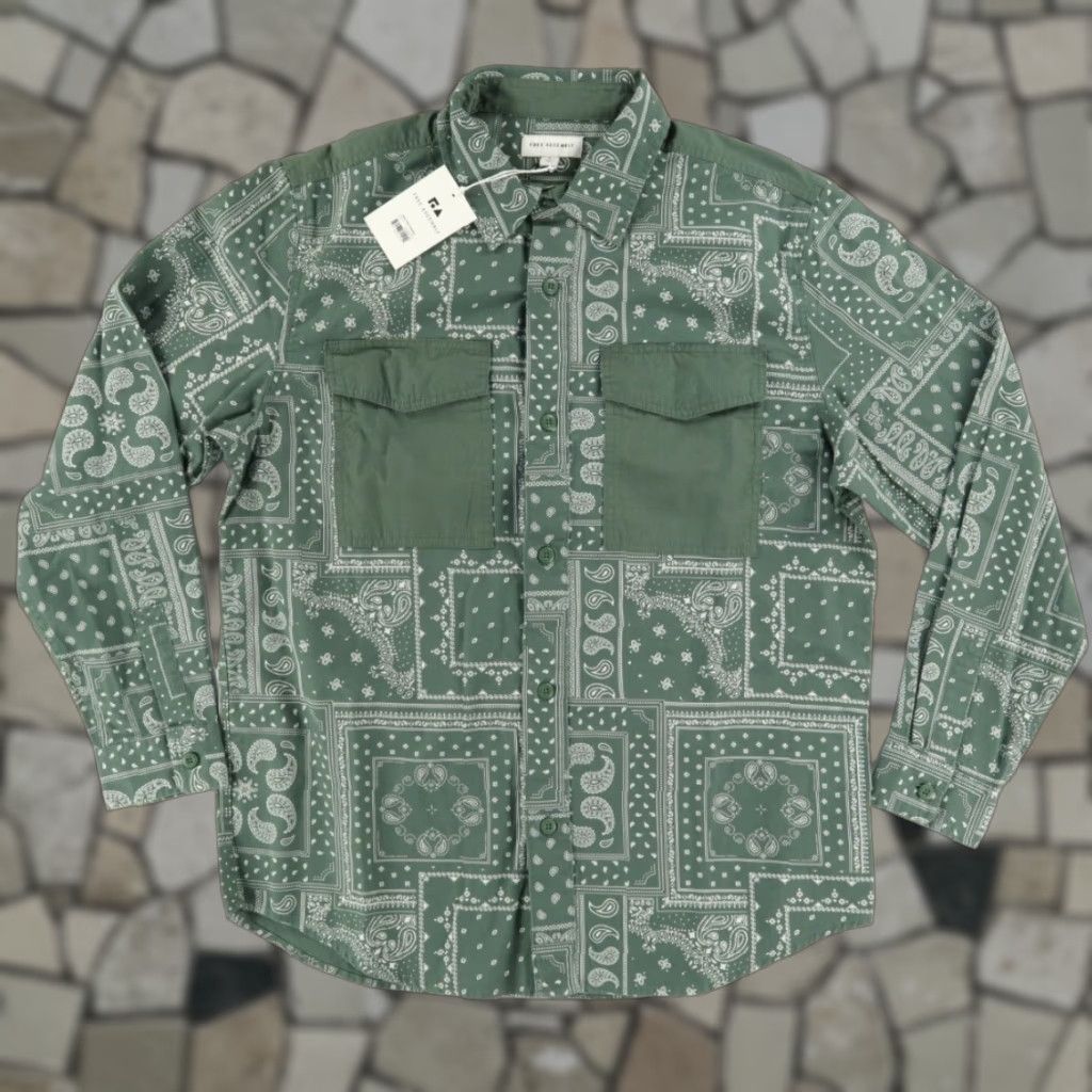 Vintage Free Assembly Mixed Media Overshirt Cotton All Over Print Long Sleeve Button Up Shirt Green Men's L Size US L / EU 52-54 / 3 - 1 Thumbnail
