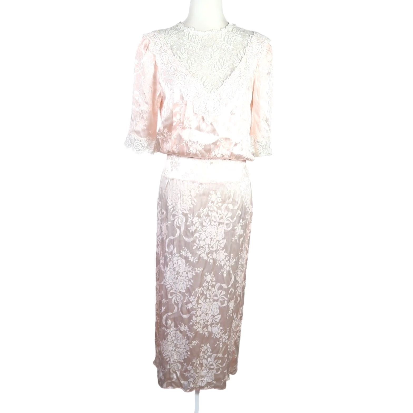 Jessica McClintock VINTAGE Jessica McClintock Pink Floral Satin White Lace Long Party Dress S Women Long Maxi Ball Gown 80s Girls/ Womens Size S / US 4 / IT 40 - 2 Thumbnail