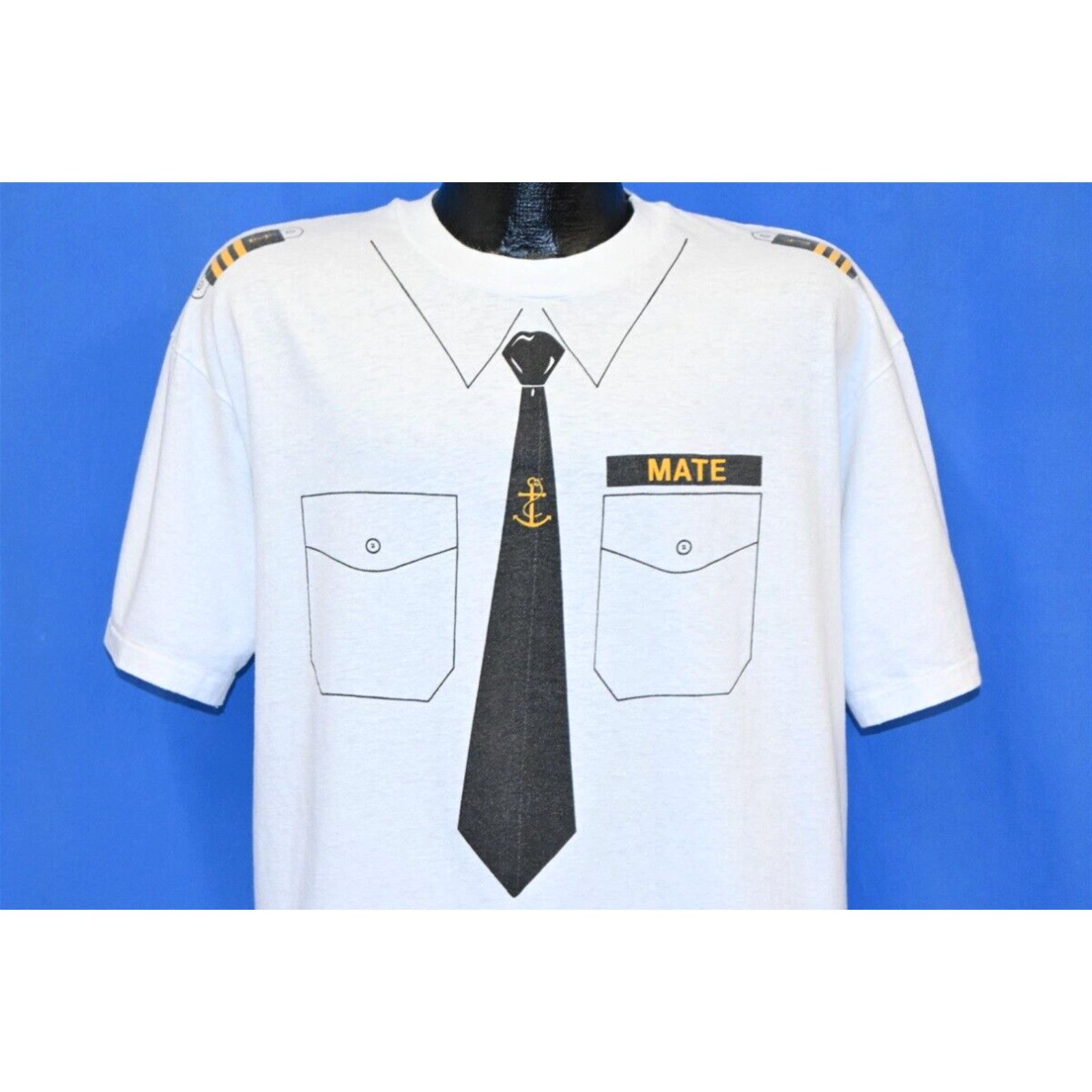 image of Hanes Vintage 90's Naval Officer Mate Faux Tie Clip Uniform Costume Sailor T-Shirt XL in White, Men