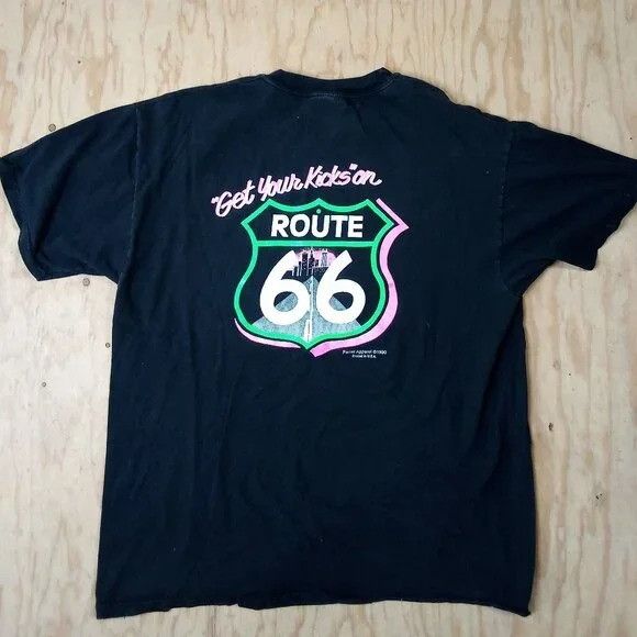 Hanes × Vintage Vintage 90s Neon Get Your Kicks On Route 66 T-Shirt Size US XL / EU 56 / 4 - 6 Thumbnail