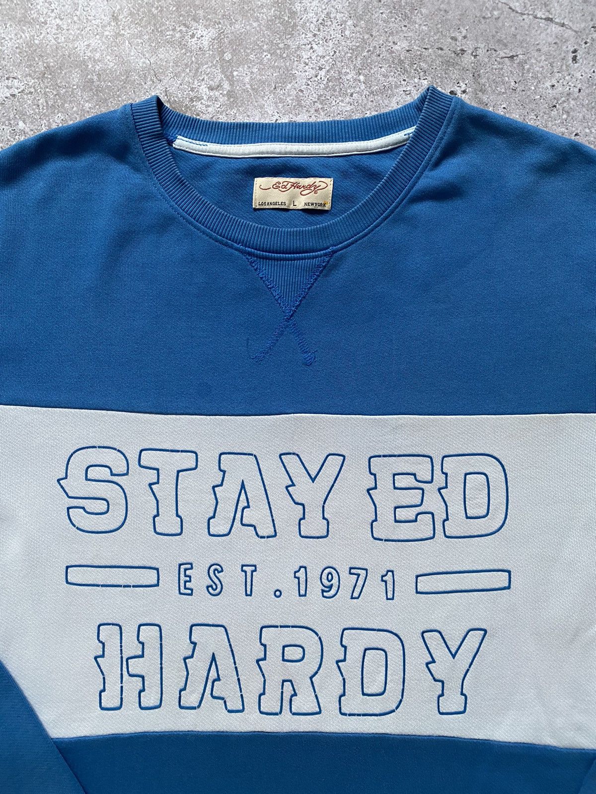 Ed Hardy × Japanese Brand × Vintage Ed Hardy Blue Colour-Block Sweatshirt Size US L / EU 52-54 / 3 - 2 Thumbnail