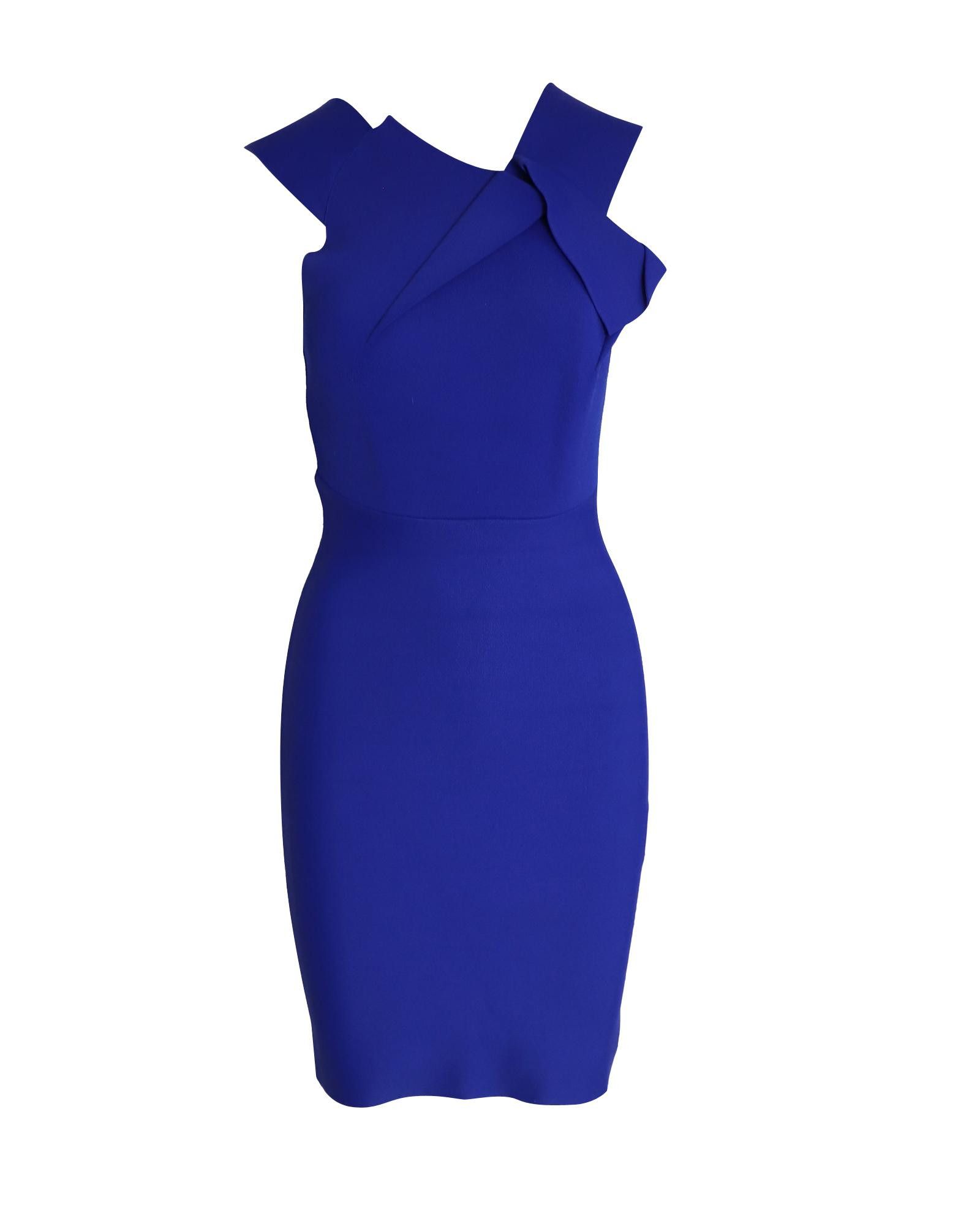 image of Roland Mouret Asymmetric Blue Rayon Fitted Dress - Knee-Length Hemline & Sleeveless Design, Women's