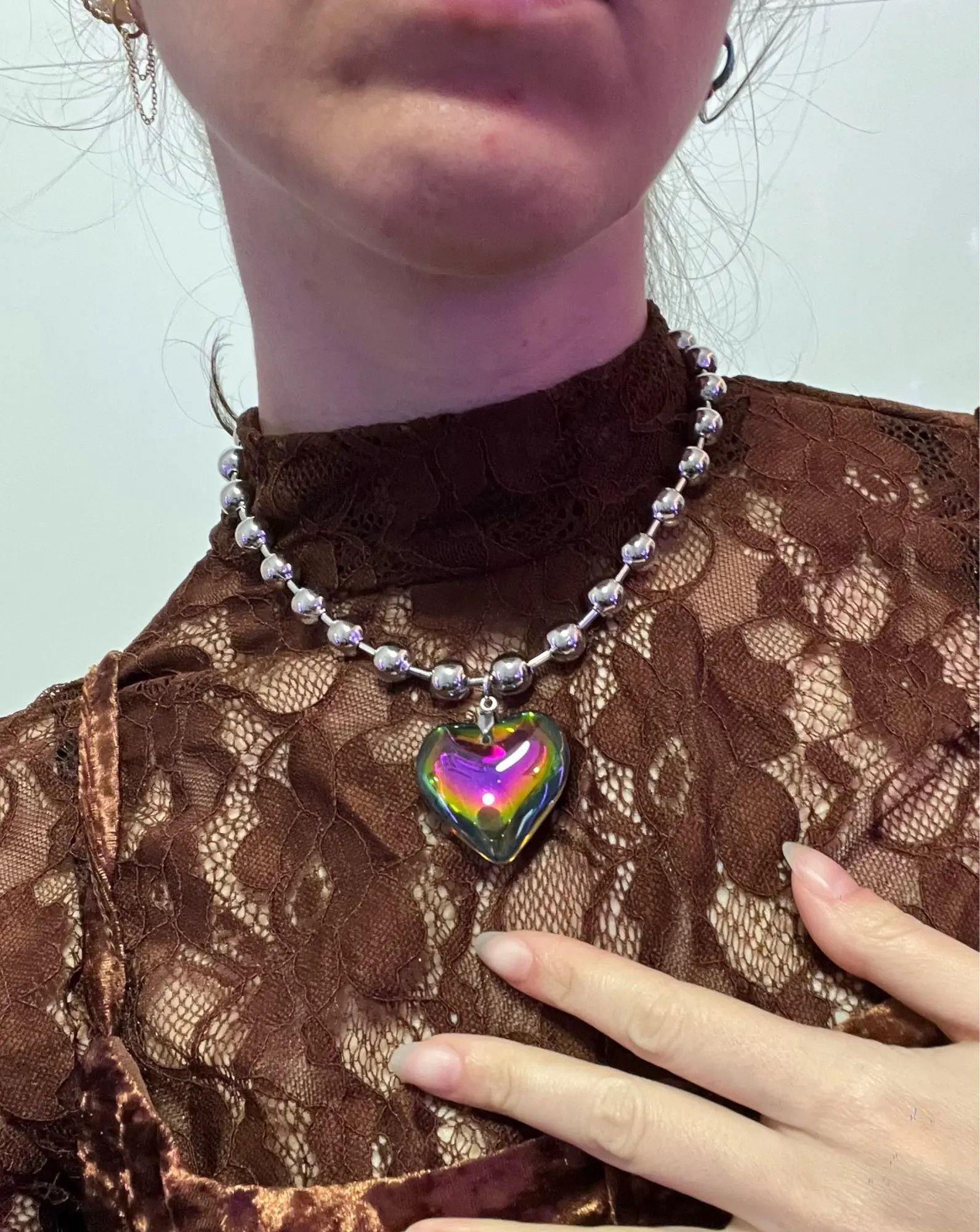 Jewelry Heart Pendant Necklace Y2K Ball Beads Size ONE SIZE - 2 Thumbnail