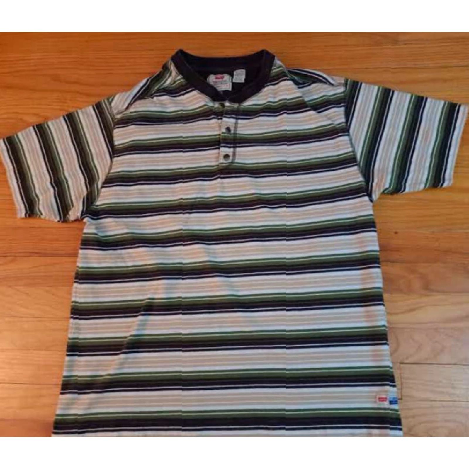 Levi's VINTAGE Levi's Shirt USA Cotton Striped Button-Up XL Unisex Adults Short Sleeve Green Black Tan 27in 23in pit to pit X-Large Size US XL / EU 56 / 4 - 3 Thumbnail