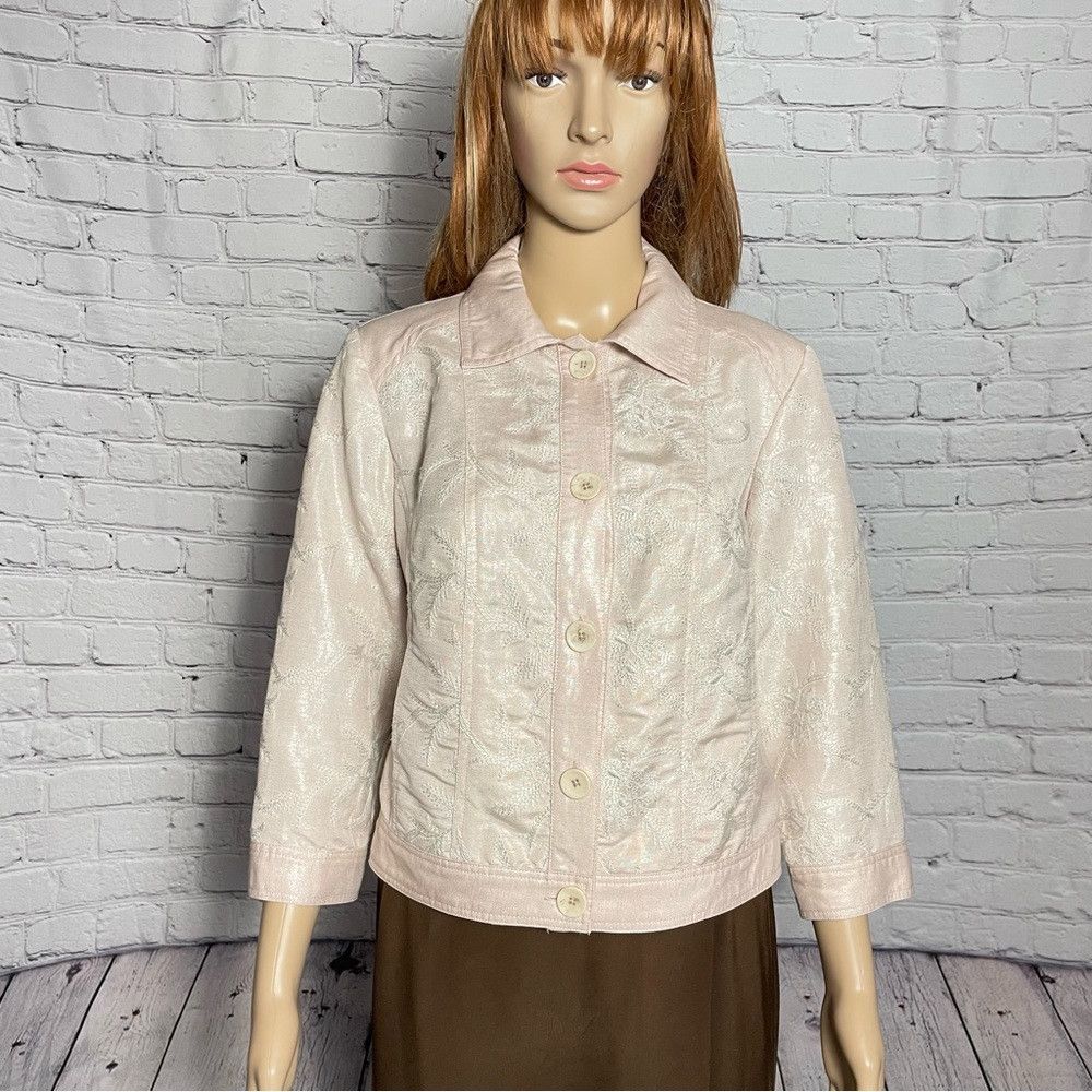 Chicos New Chico's Linen Foil Embroidered Jeans Pink Jacket Size 0 Size S / US 4 / IT 40 - 1 Thumbnail