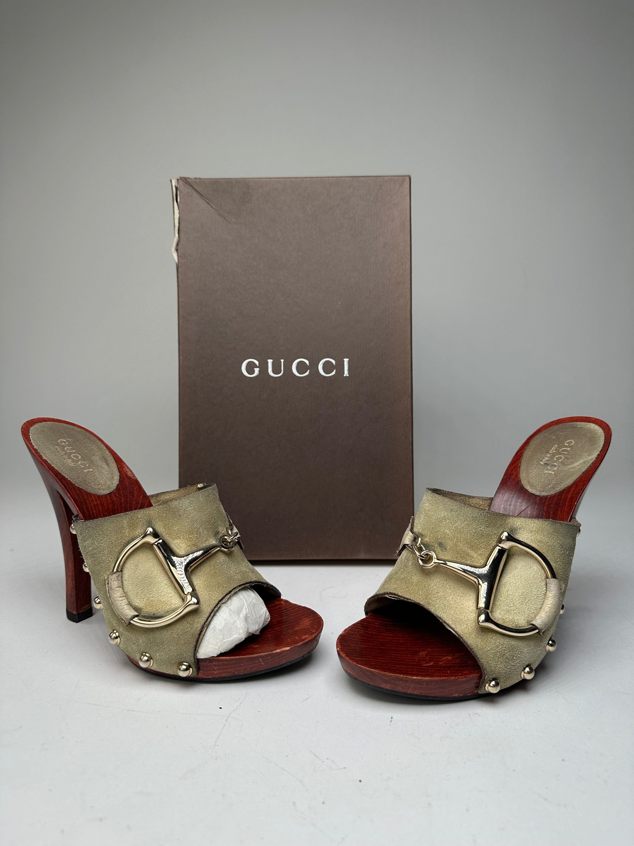 Gucci Vintage Suede Wood Horsebit Pumps Grey Brown EU35 Size US 4 / IT 34 - 1 Thumbnail