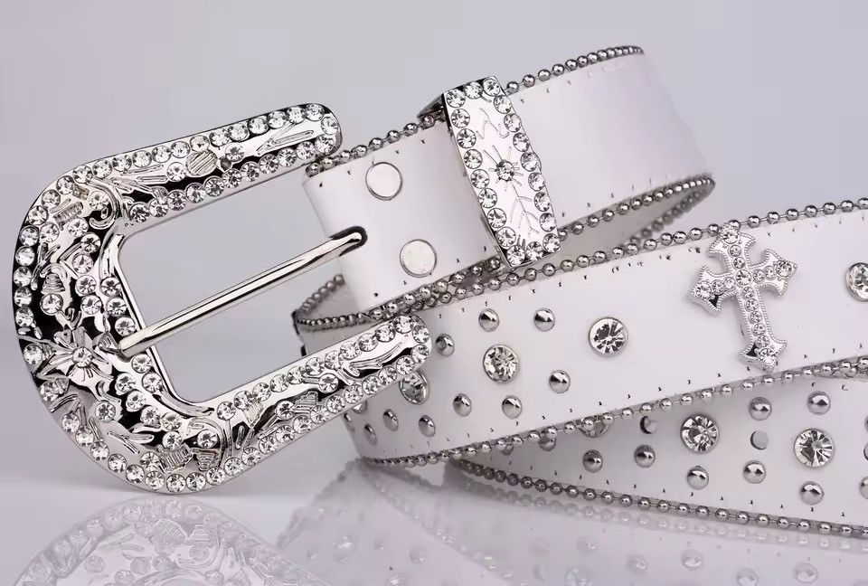 Y2K Cross Rhinestone Belt in White, Men’s