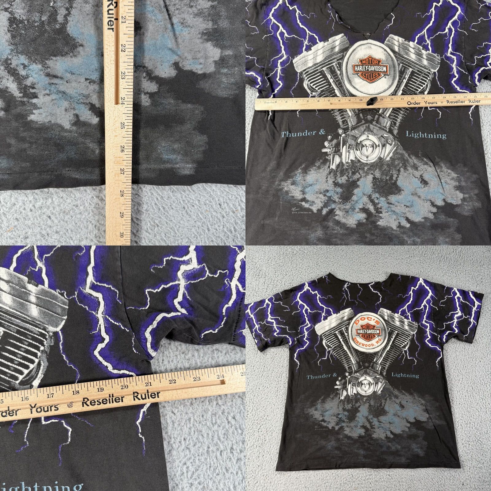Harley Davidson VINTAGE Harley-Davidson Shirt Mens Large Black Thunder Lightning Engine 90s Distressed Graphic Print Short Sleeve V-Neck T-Shirt Men L USA Used Size US L / EU 52-54 / 3 - 8 Thumbnail