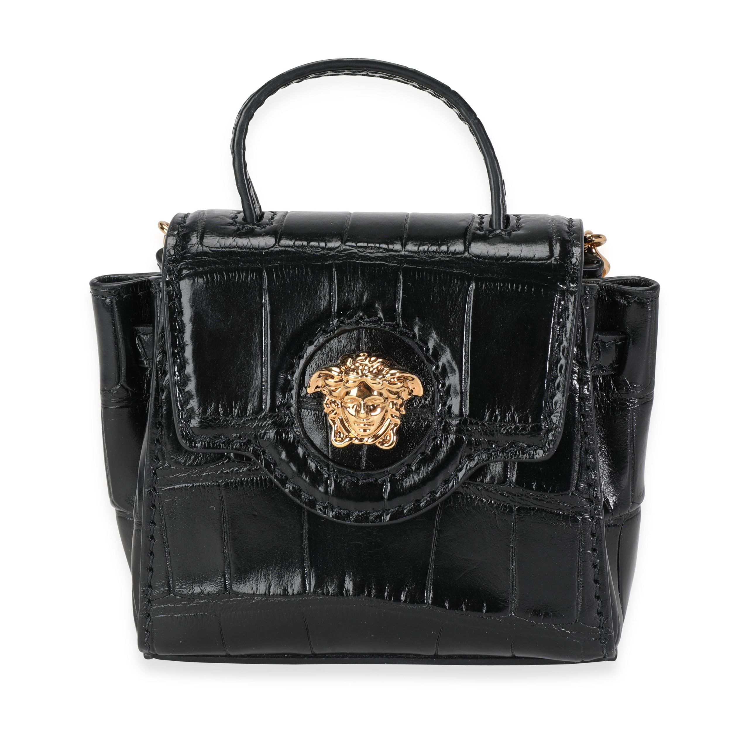 image of Versace Limited Edition Black Crocodile Embossed Calfskin La Medusa Micro Bag, Women's