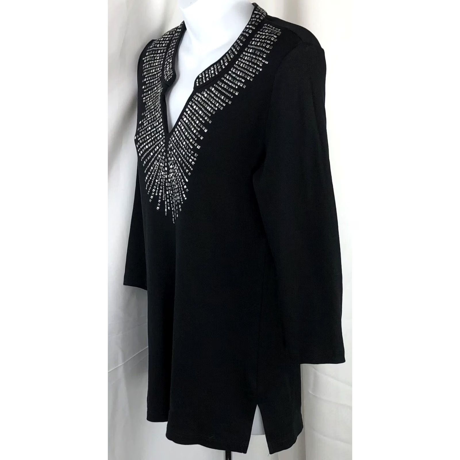 JM Collection JM Collection tunic top S Blk Stud Beaded V-Neck Longsleeve Metal Rock Gothic Size S / US 4 / IT 40 - 3 Thumbnail