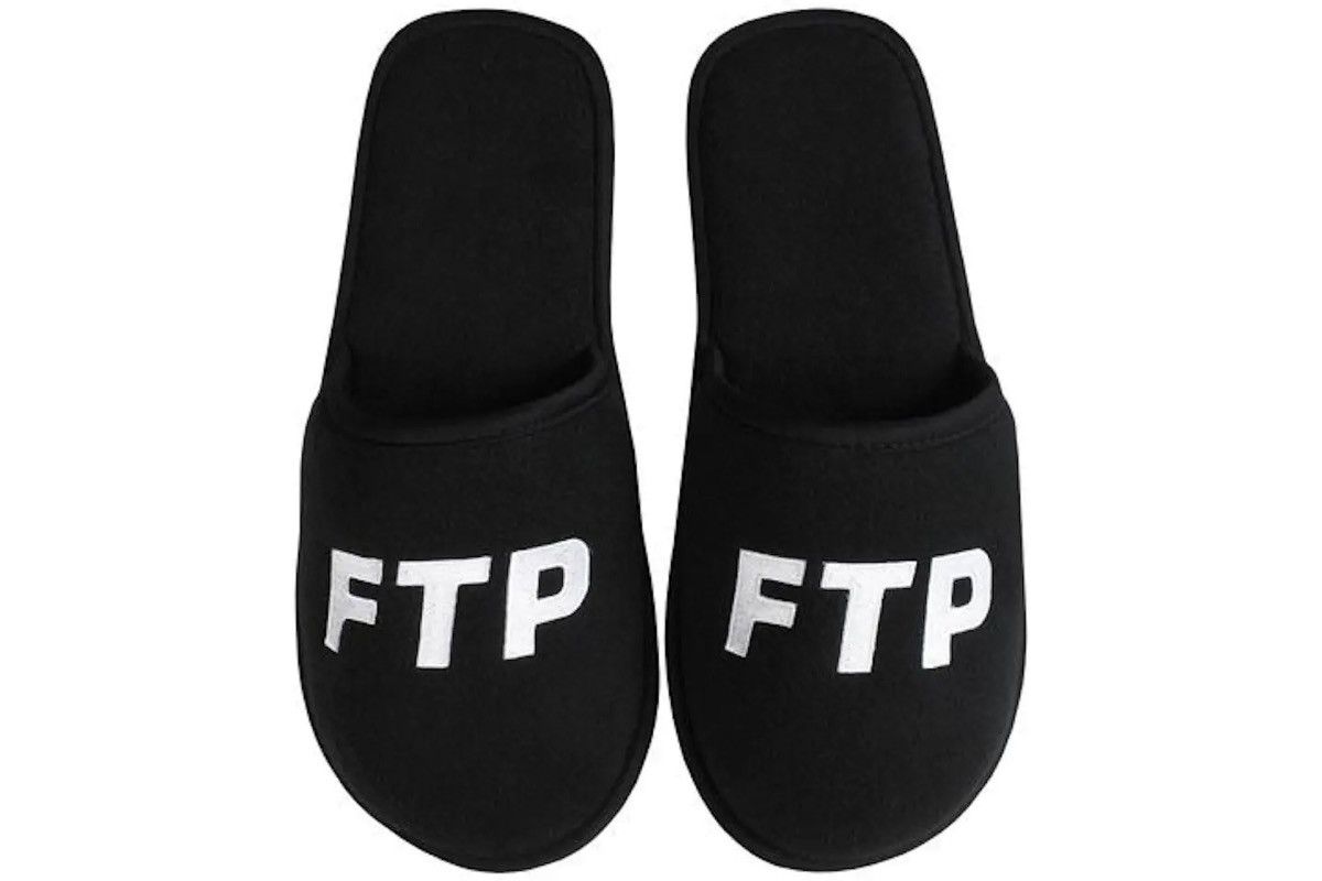 image of Fuck The Population Ftp Fleece Logo Slippers in Black, Men's (Size 11)