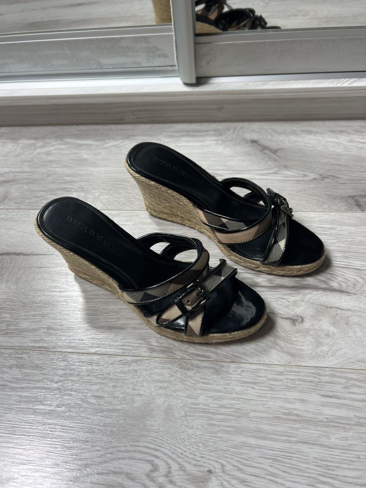 Burberry Women’s Nova Check Leather Wedge Espadrille Sandals