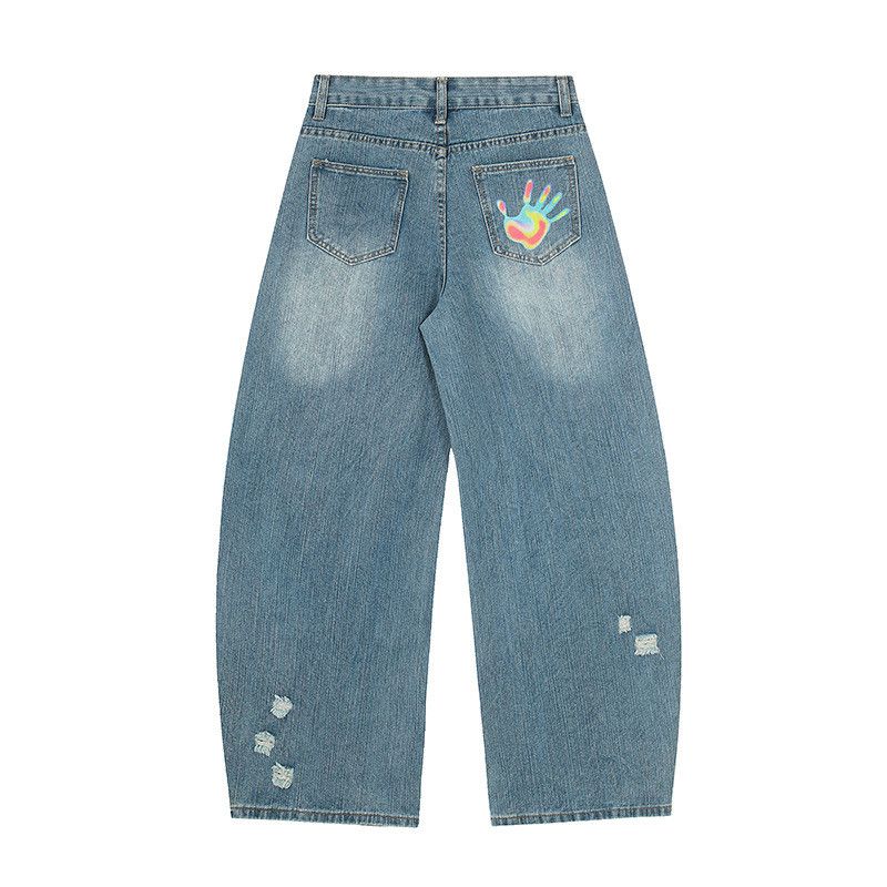 Jean American-style washed graffiti print ripped curved jeans Size US 32 / EU 48 - 2 Thumbnail