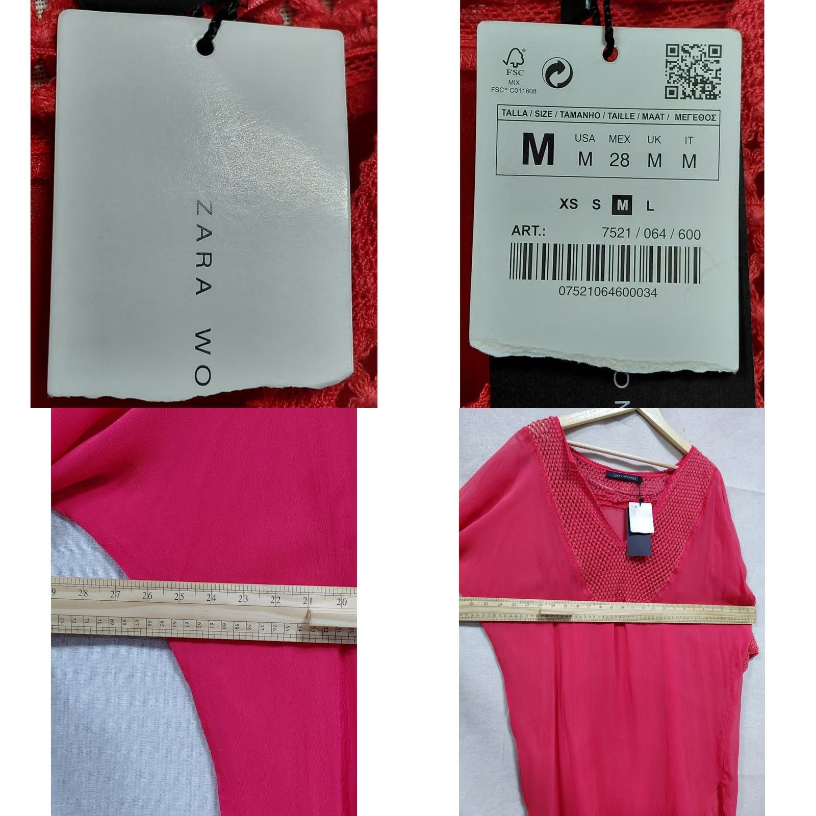 Zara VINTAGE? (No) Zara Woman Pink Tunic Top Solid Polyester 3/4 Sleeve M Women V-Neck Crochet A-Line Knee Length Casual Shirt Size M / US 6-8 / IT 42-44 - 8 Thumbnail