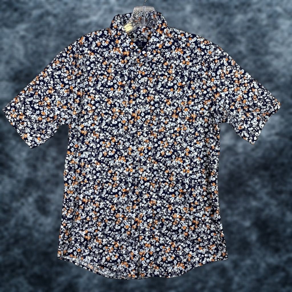 George George Mens Shirt S 34-36 Blue Floral Short Sleeve Button Up Casual Fit Stretch Size US S / EU 44-46 / 1 - 1 Thumbnail