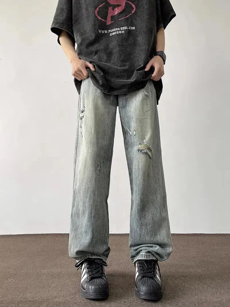 Japanese Brand Retro loose straight leg ripped jeans Size US 32 / EU 48 - 6 Thumbnail