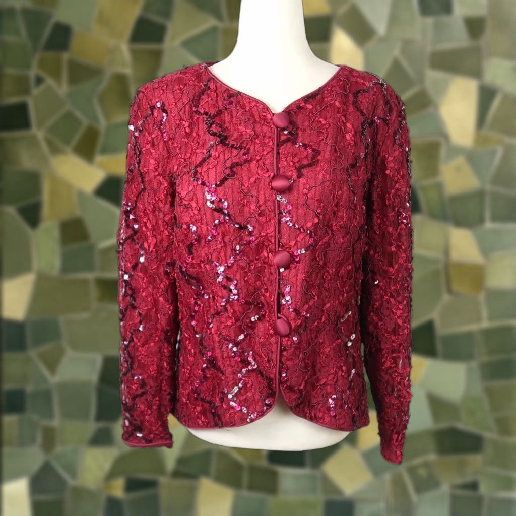 VINTAGE 90s JS Collections Sequin Jacket Burgundy Red Red Sequin Jacket Women 14 Long Sleeve Button Polyester 90s Party/Cocktail Formal fall winter