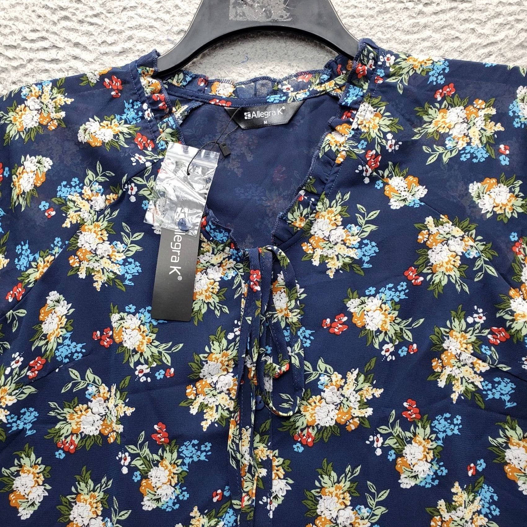 Vintage Allegra K Blouse Top Womens M Multi Floral Sheer Flutter Sleeve Tie Button Front Size M / US 6-8 / IT 42-44 - 5 Thumbnail