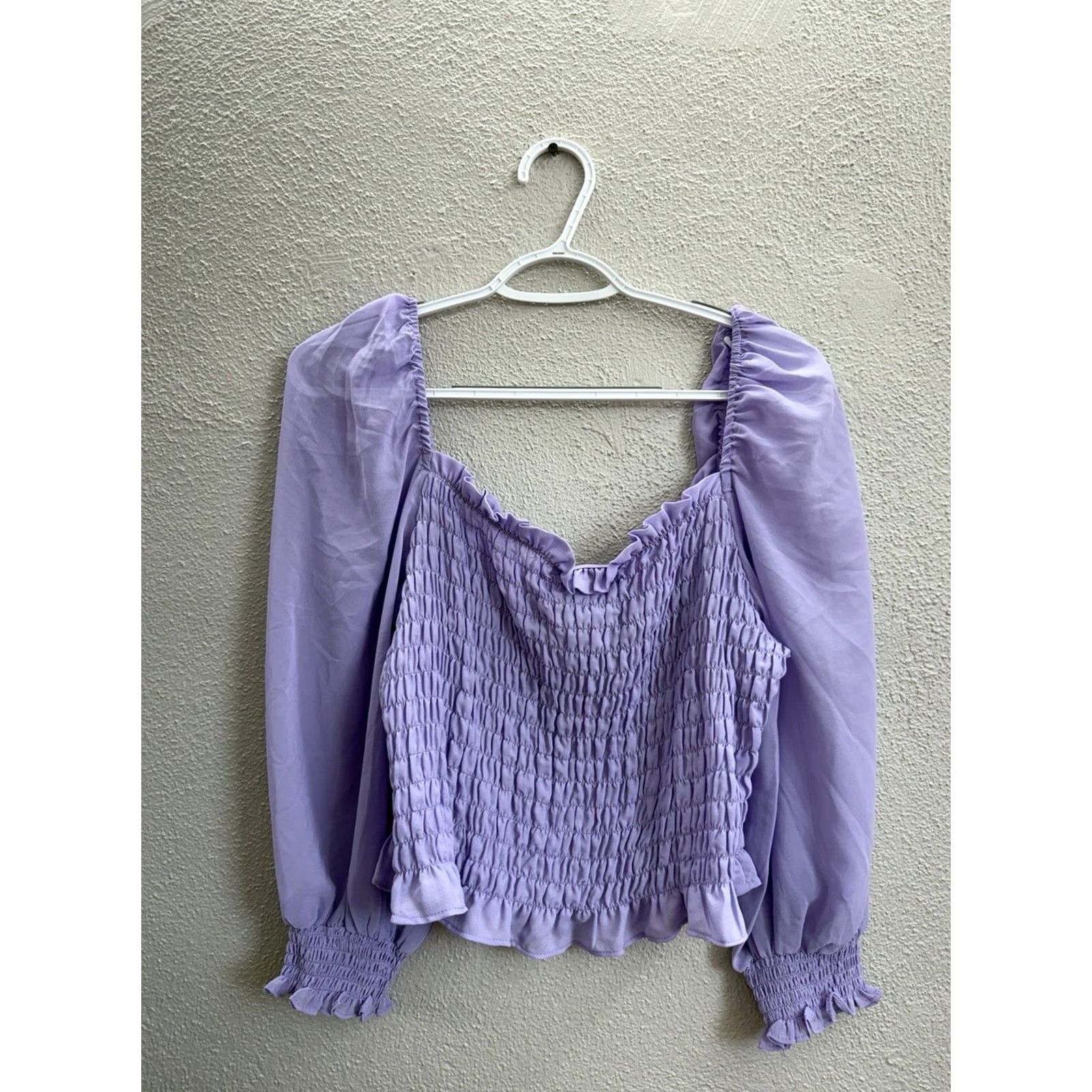 H&M H&M Womens Top L Purple Cropped Smocked Long Sleeve Balloon Sleeve Square Neck Size L / US 10 / IT 46 - 7 Thumbnail