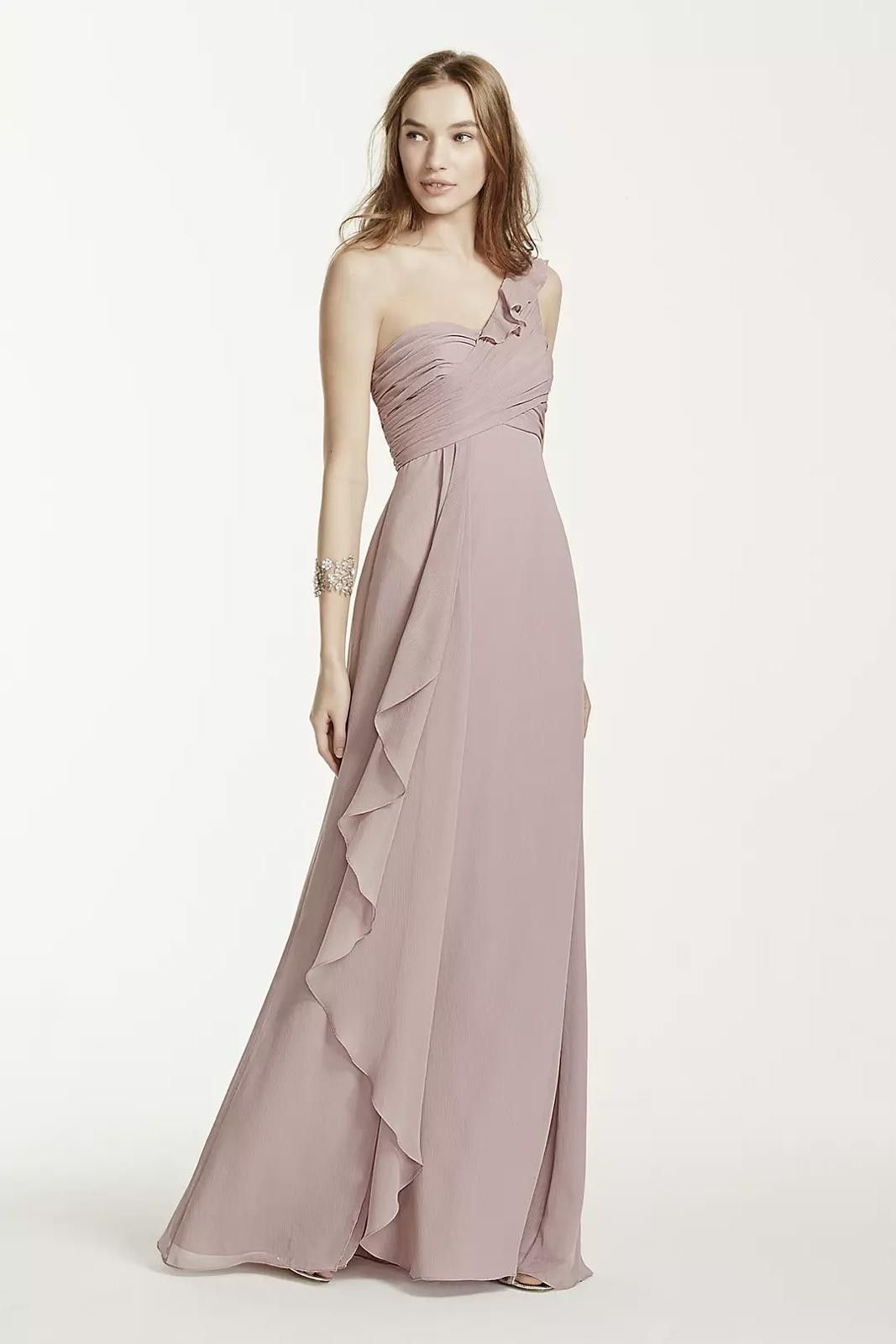 Designer David's Bridal One Shoulder Chiffon Dress/Cascading - NWOT Size XS / US 0-2 / IT 36-38 - 1 Thumbnail