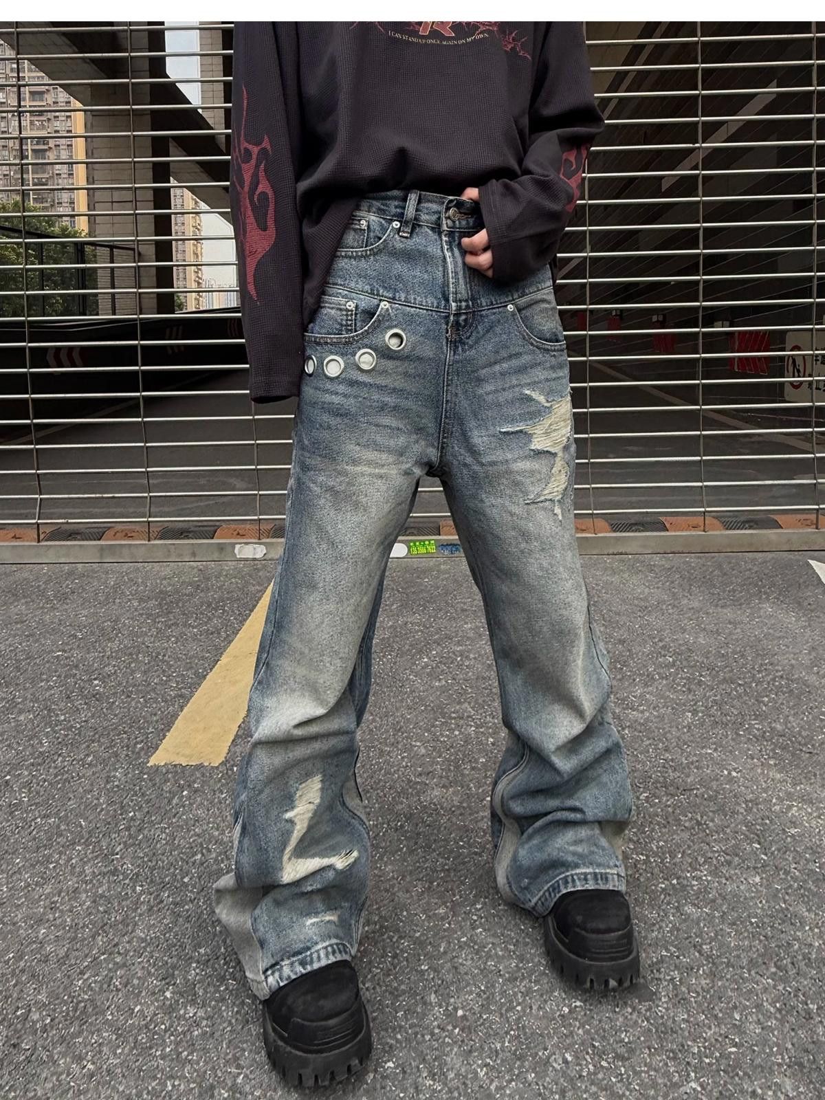 Button Accent Distressed Splicing Flared Jeans