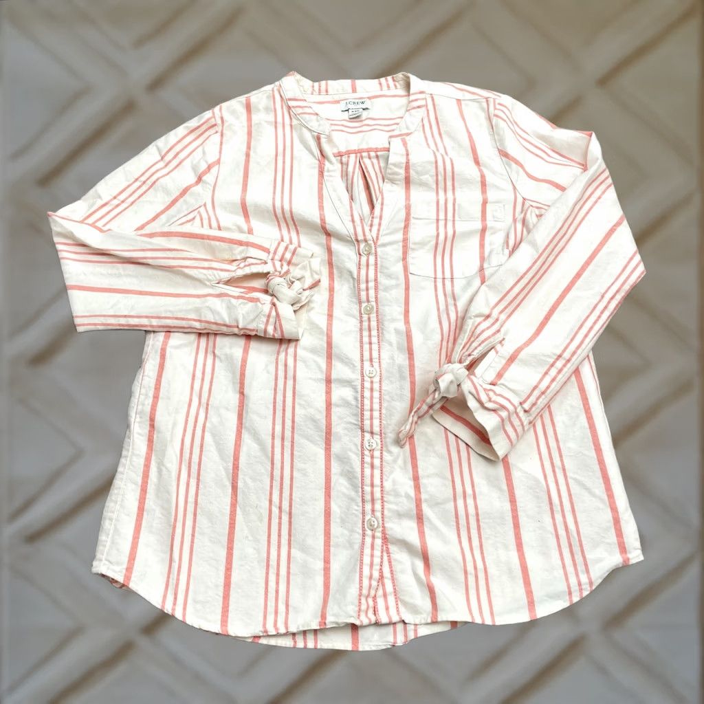 J.Crew J.Crew Shirt Womens XXS White Peach Striped Collarless Long Sleeve Button-Up Casual Size XXS / US 00 / IT 34 - 1 Thumbnail