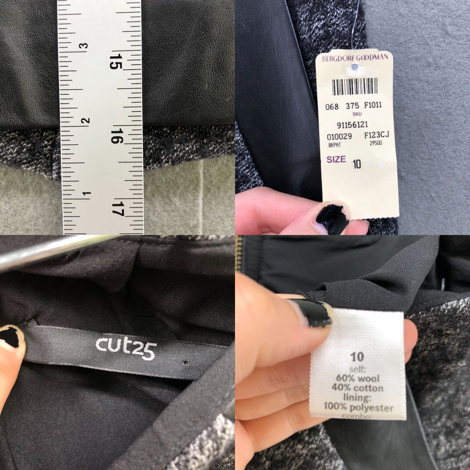 Vintage NWT Cut25 Leather Wool Blend Mini Skirt Size 10 Black Gray Mixed Media Edgy Rock Womens Skirt Short Zipper Size 32" / US 10 / IT 46 - 8 Thumbnail