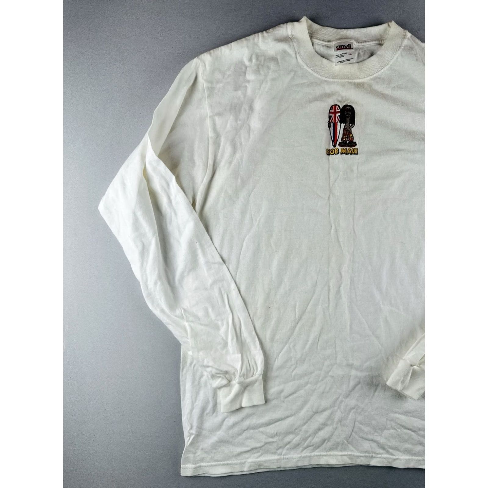 Anvil VINTAGE Anvil T Shirt Long Sleeve Embroidered Mens L White 90s Surf Reggae Size US L / EU 52-54 / 3 - 3 Thumbnail