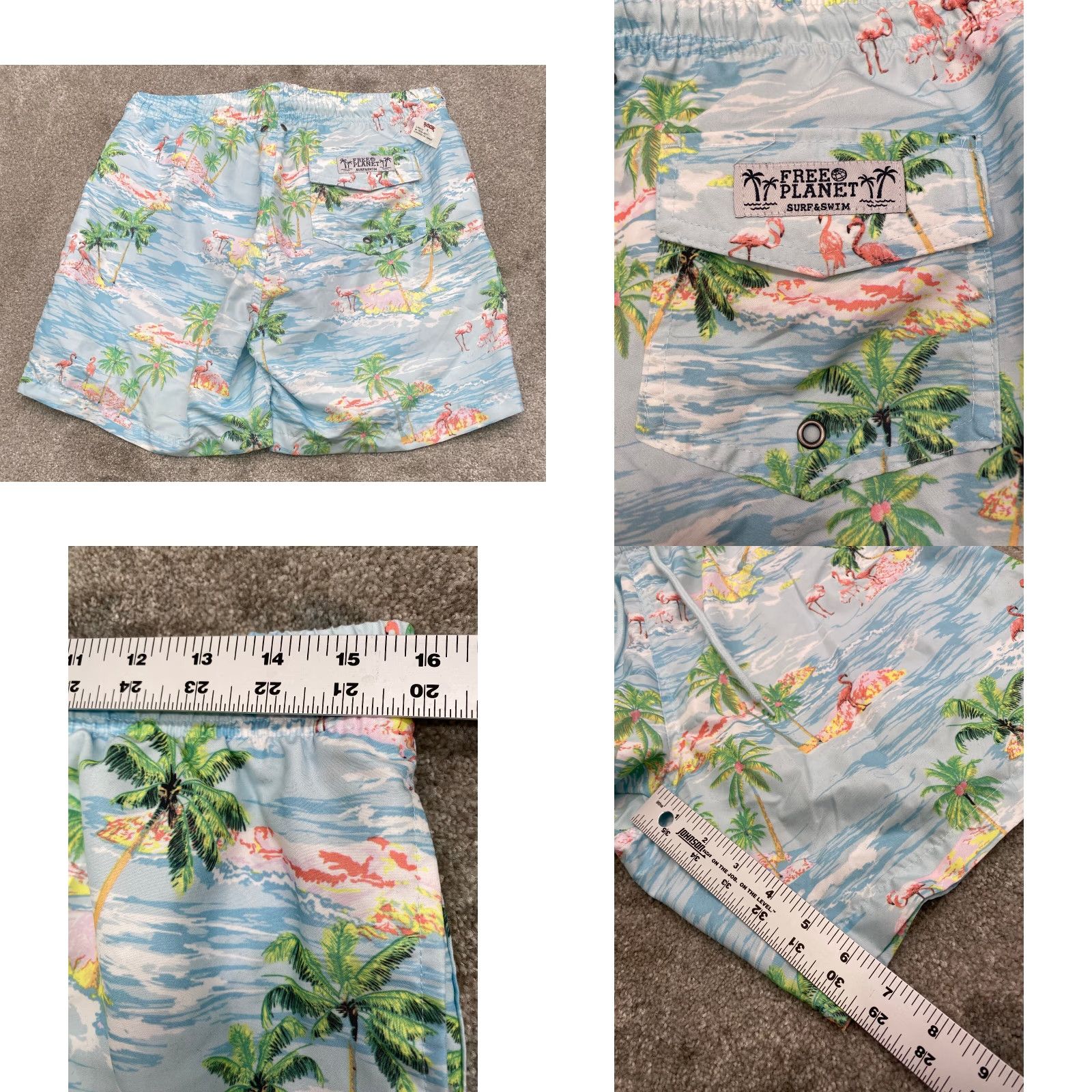 Vintage NWT Free Planet Flamingo Surf Swim Trunks Mens M Lt Blue Tropical Island Beach Size US 31 - 8 Thumbnail