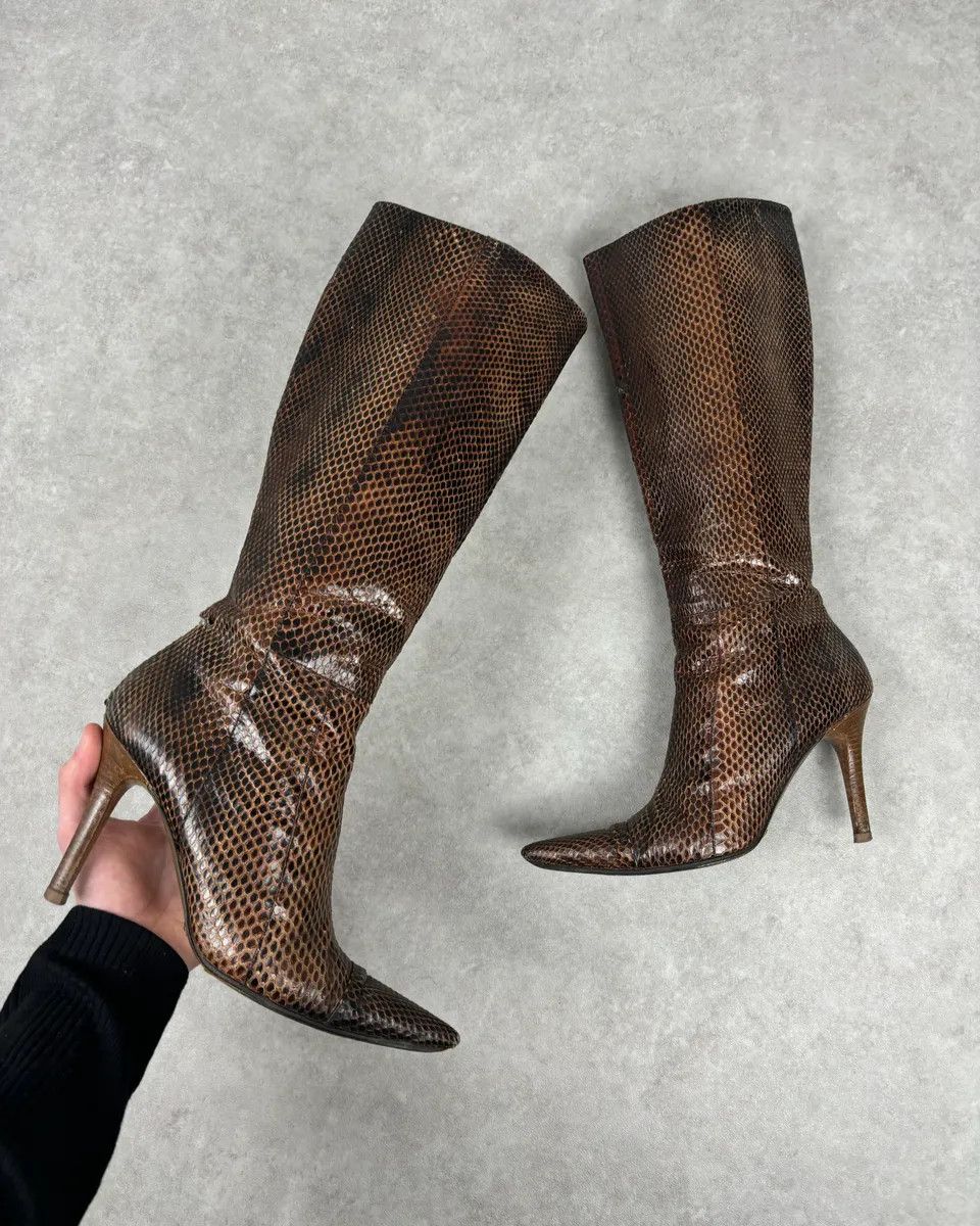 Dolce & Gabbana 2000s Dolce & Gabbana Brown Python Leather Knee-High Heeled Boots Size US 8 / IT 38 - 1 Thumbnail