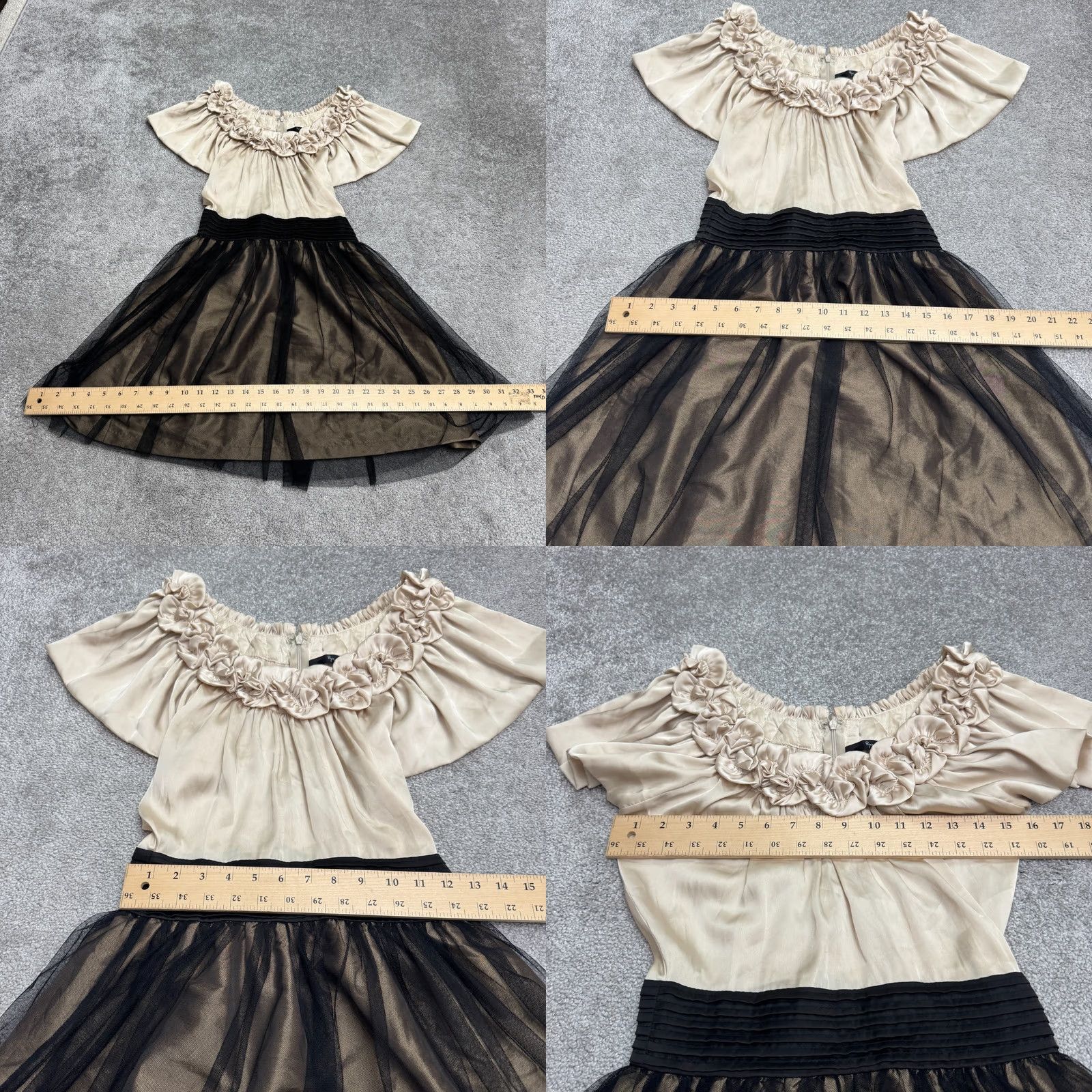 Vintage Ryu A-Line Dress Womens Medium Champagne Bronze Beige Satin Rosette Ruffle Tulle Size M / US 6-8 / IT 42-44 - 9 Thumbnail