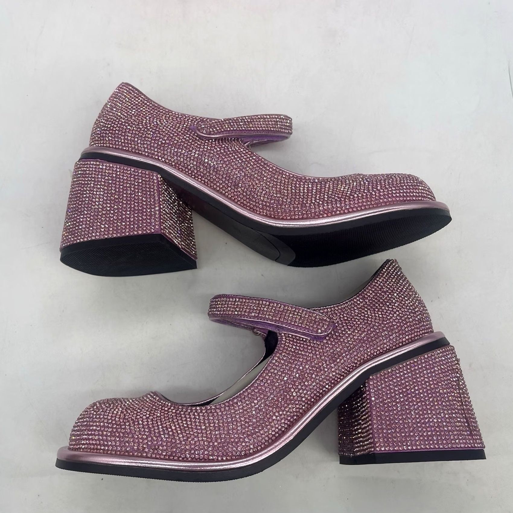 Vintage Sugar Thrillz Platform Heels Womens 8M Pink Glitter Rhinestone Block Heel 4in Buckle New w Box Size US 8 / IT 38 - 2 Thumbnail