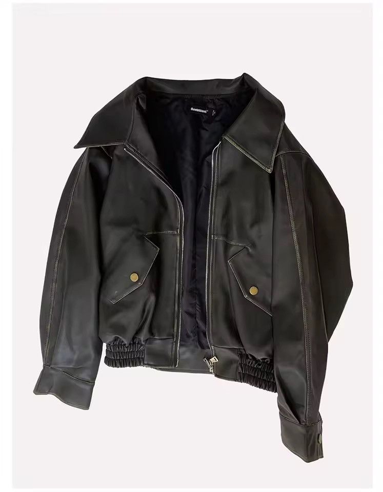 Leather Washed PU Leather Y2k Retro Style Zipper Jacket Size US L / EU 52-54 / 3 - 2 Thumbnail