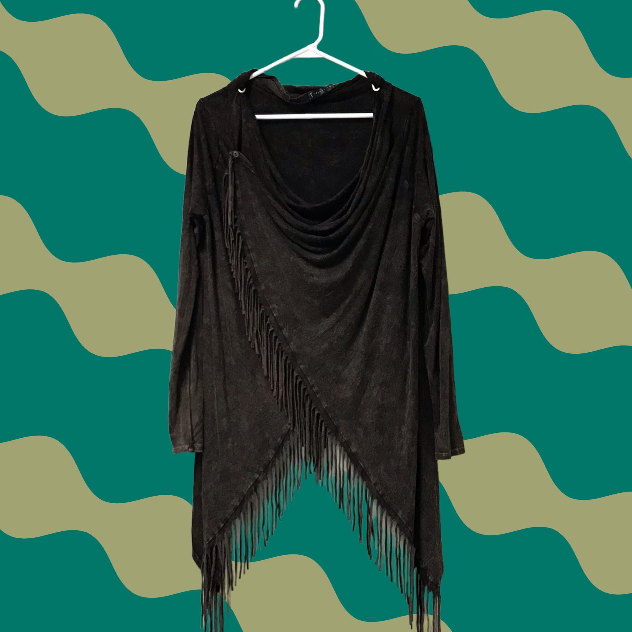 Vintage T-Party Cardigan Shirt Women S Green Fringe Mineral Wash Draped Cowl Neck Convertible Shawl Bohemian Western USA Size S / US 4 / IT 40 - 1 Thumbnail