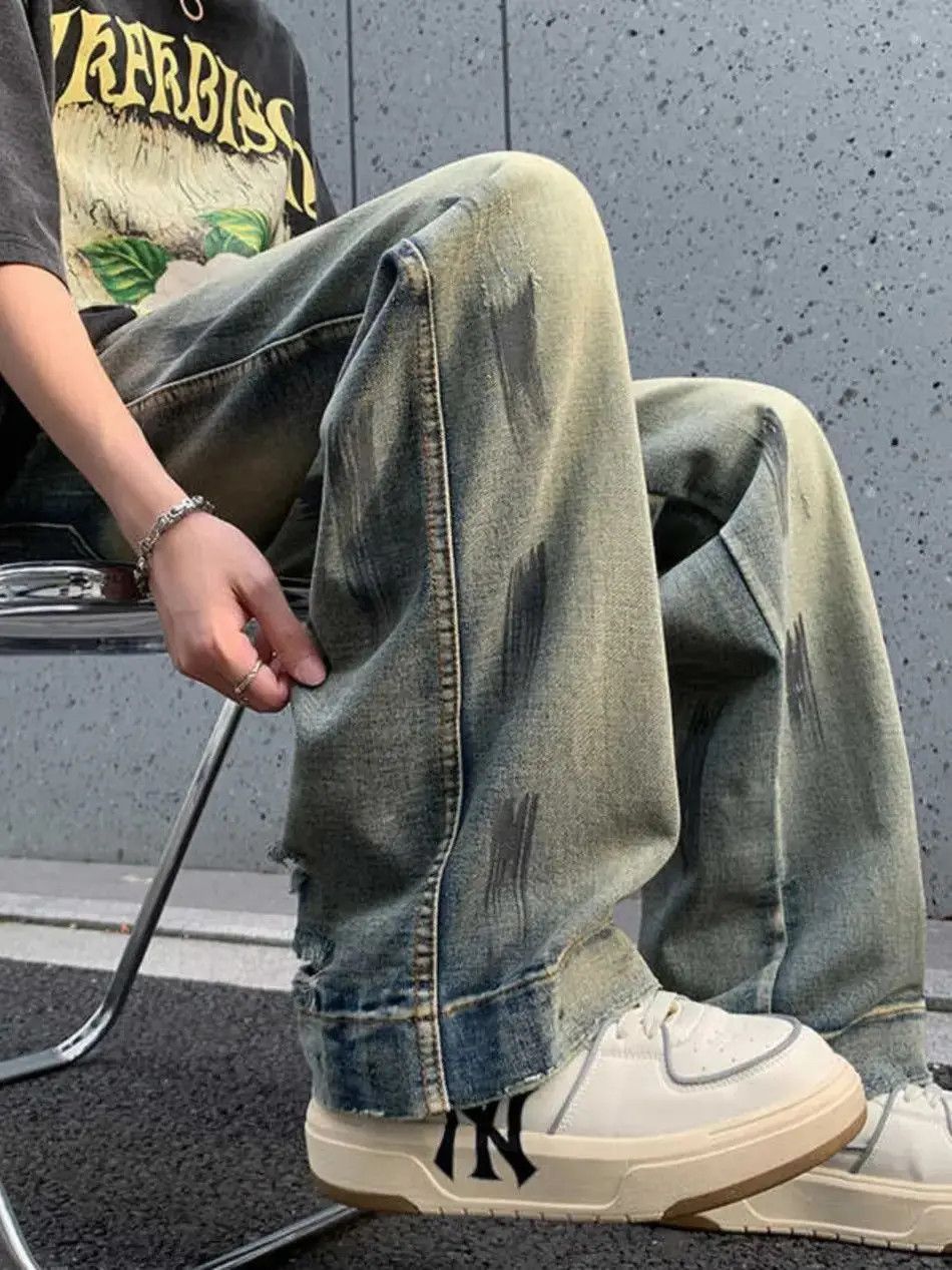 Japanese Brand Loose washed straight leg splashed ink jeans Size US 32 / EU 48 - 3 Thumbnail